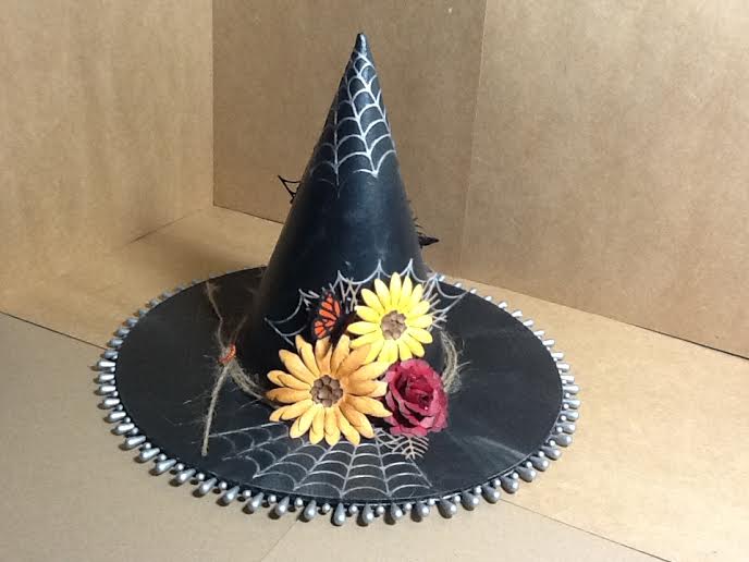 Witch Hat Made with Diemond Dies Sunflower Die, Spooky Spiderweb Die, Monarch Butterfly Die Set, Pine Branch Die, and Realistic Roses Die